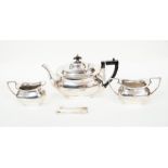***A Walker & Hall three piece tea service, circa 1920's, together with a pair of sugar tongs (not