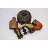 Marble inkwell, treen butter stamp, opera glasses and pipe