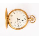 A 9ct gold cased Hunter pocket watch, enamel dial, numbers and subsidiary dial, case diameter approx