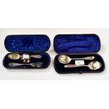 Cased christening set of fork, spoon and napkin ring together with another presentation box