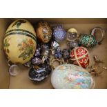 Assorted egg shaped items including Faberge style enamel eggs, marble eggs and Cloisonne pieces