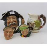 Three Royal Doulton character jugs and a Wedgwood jug