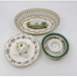 Two Continental ceramic inkwells with floral decoration, and Dresden bowl with landscape painted