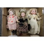 Antique bisque head dolls x 3, 5 1/2" tall approx, composition body, circa 1920