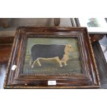 A naïve oil of a prize bull, "Sir George" dated 1826 but recent, together with an oil of a fly