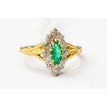 A Victorian style emerald and diamond cluster ring, 18ct gold, marquise cut emerald set within a