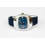 A 1970's Sicura gents  watch, blue dial, day/ date window, blue leather strap