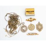 Two Edwardian bar brooches, various 9ct fine link chains, two silver medallions, St Christopher etc,