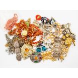A collection of costume jewellery including coral, silver, yellow metal items, beads and pearls (Q)