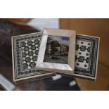 Two late 19th Century Anglo Indian ivory mosaic card cases and a mother of pearl card case with
