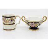 Sevres 18th Century large mug with white ground and hand painted foliage with gilt detail, two