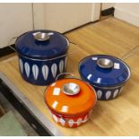 Catherine Holm - Norway, Enamel cooking casserole pot orange, Large enamel navy sauce pan and