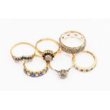Four 9ct gold and gem set rings; two 9ct and silver rings, total gross weight approx 13.4 grams (6)