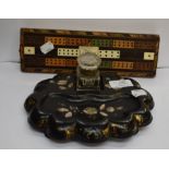 Late 19th Century papier mache inkwell with mother of pearl inlaid detail and cribbage board with