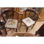 Two inlaid corner chairs with wool work seat pads.