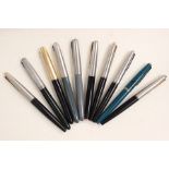 Ten Parker fountain pens, 45 style, grey, green and black colour examples