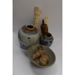 Two Chinese blue and white jars; dish; two antiquities; pair of carved bone figures; Tibetan bone