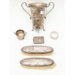 Assorted silver pieces including a pair of Chester silver brushes, London silver two handled cup/