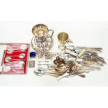 A collection of items to include a silver vesta case along with EPNS cutlery and assorted plated