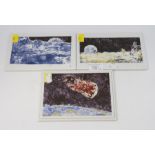 Three Meissen porcelain plaques, depicting walking on the moon, plus other space images, signed by