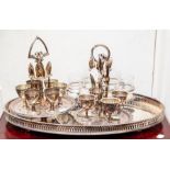 Assorted plated items including 2 egg cup and spoon stands, tray and 6 glass and spoons on stand