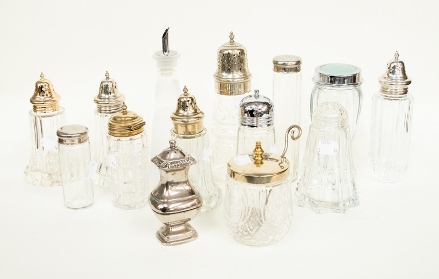 Seven plated collars/caps, sugar sifters, two travelling case jars, preserve jar, pepperette, oil/