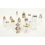 Seven plated collars/caps, sugar sifters, two travelling case jars, preserve jar, pepperette, oil/