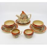 Clarice Cliff "Bizarre" three piece teaset with three saucers and two cups