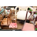 A group of dolls chairs, including gilt French style chair, miscellaneous frames and metal utensil