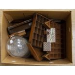 Thimble displays stacked on Chinese base, underglobe and eleven various size wooden, in box