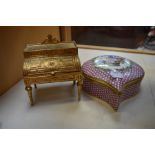 Continental porcelain jewellery box with highly decorated hinged lid with floral detail, plus a gilt