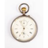 A silver pocket watch "CHRONO - MICROMETER", white dial with roman numerals