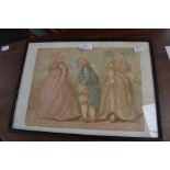 Three George III watercolours, signed T Rowlandson, circa 1800; two sketches, signed Phil May; and a
