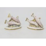 Two Royal Worcester Country Life series Salmon miniature statues, modelled by Kenneth Potts