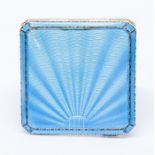A silver and guilloche enamel compact, square shaped, sun ray engine turned pattern blue