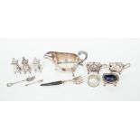 Collection of plated items including table ware, sauce boat, peppers and salts (Q)