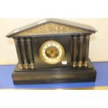 Late Victorian German slate mantle clock, classical Greek temple design, Arabic numerals