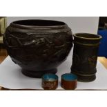 Chinese bronzed planter along with a bronze 18/19th Century sleeve with two chinoiserie napkin