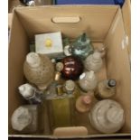 Assorted glass bottles and bathroom plus toiletry accessories (Q)