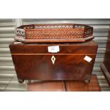 An Early Victorian tea caddy, mahogany and small mahogany Victorian galleried tray
