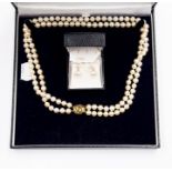 A  double strand cultured pearl necklace, pearl size approx 7mm, white/cream tone, shortest length