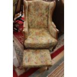 A Pair of 20th Century Beechwood French style upholstered chairs, plus two footstools (with fire