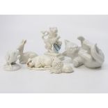 Collection of late 20th Century animal statues, pig, two lions, rat, deer, cat, some by Nymphenburg