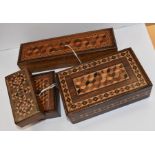 A group of four Tunbridge Ware trinket / pen boxes, all inlaid with parquetry detail, largest box is