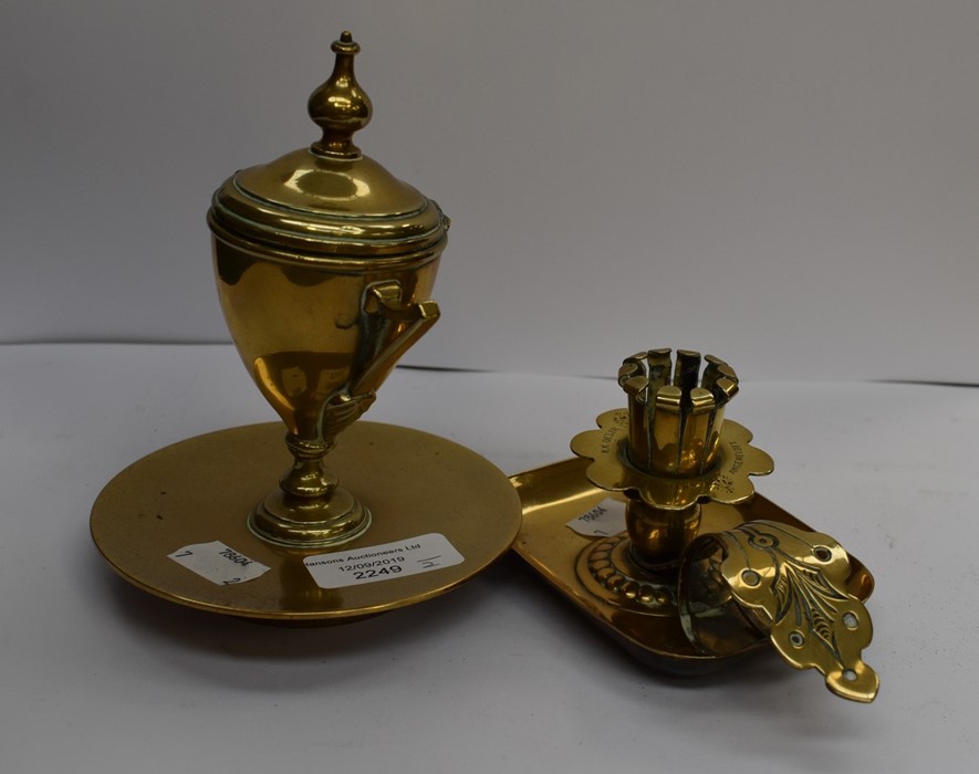 Brass twin handled trophy shaped inkwell and brass Continental candlestick