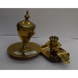 Brass twin handled trophy shaped inkwell and brass Continental candlestick