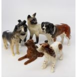 Collection of Beswick dogs and a cat including a collie, Alsatian, red setter, spaniel (6)