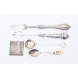 A silver pickle fork  Birmingham along with a  dessert fork also Birmingham both with embossed