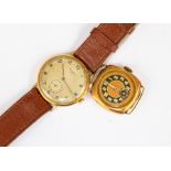 A 9ct gold 1930's wristwatch, no strap, along with a Cortébert Sport with leather strap, not