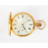 An 18ct cased half hunter pocket watch, The Goldsmiths Company Sheffield, enamel dial, numerals,